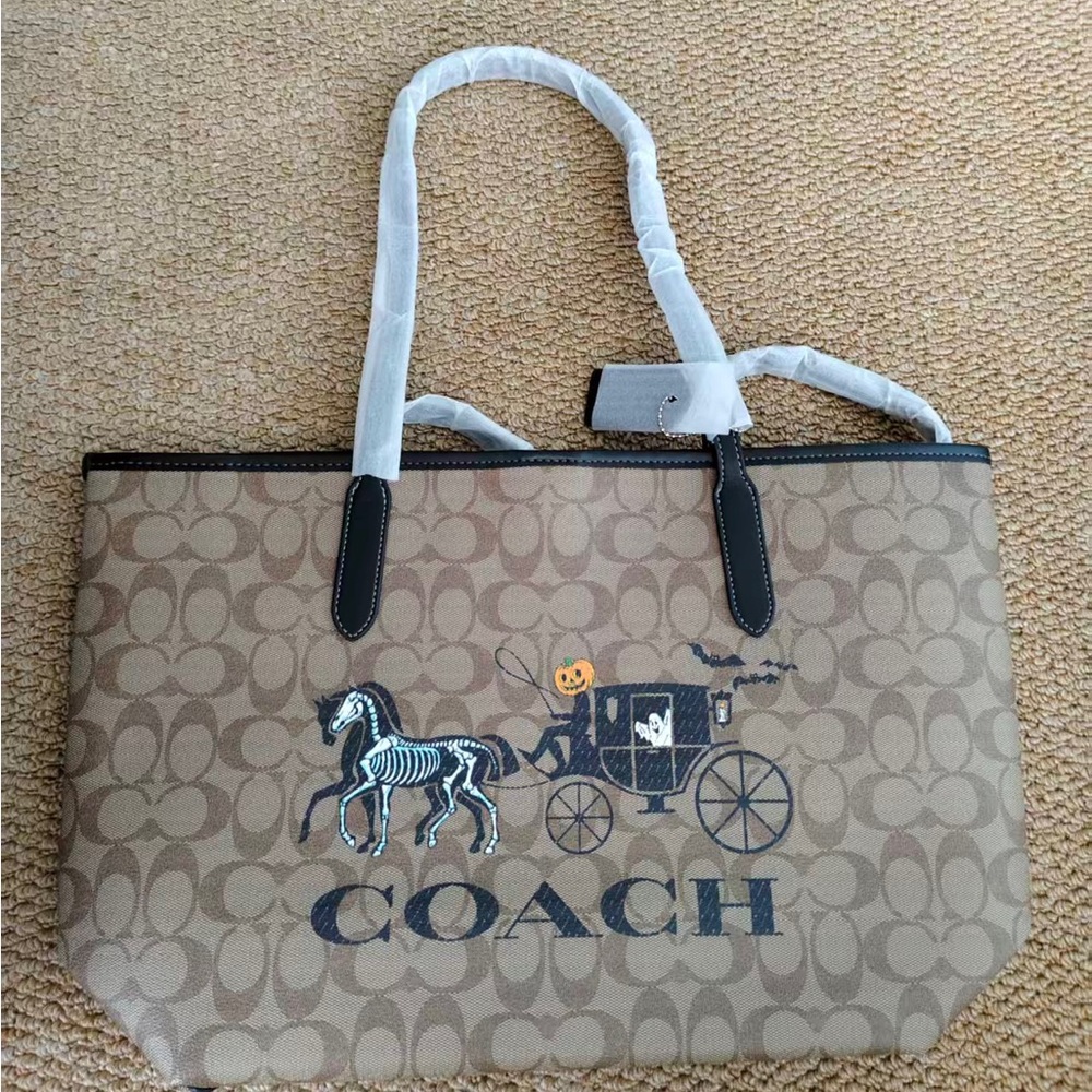 Coach Beige Signature Canvas Tote with Halloween Carriage Print